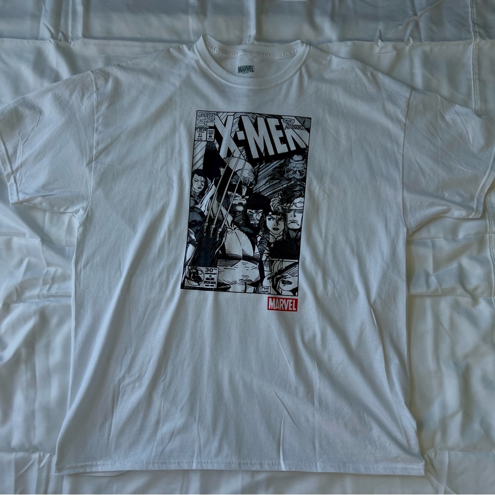 white Marvel graphic t-shirt.